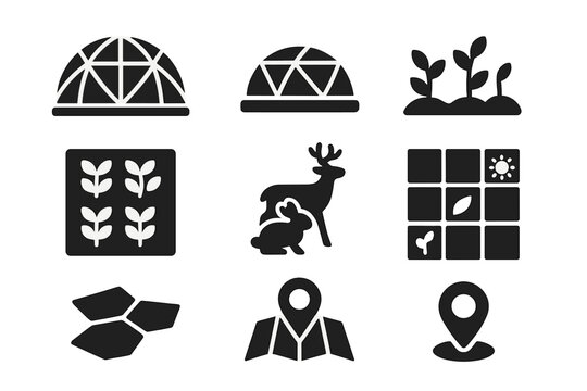 Bio-Dome Planning Icons. Solid style icons of bio-dome planning systems: dome structures, vegetation layouts, wildlife icons,