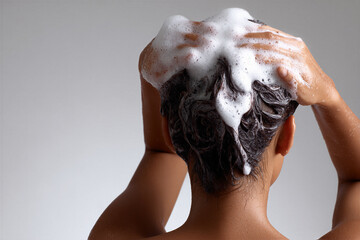 Hispanic woman washing hair with foamy shampoo lather from behind view