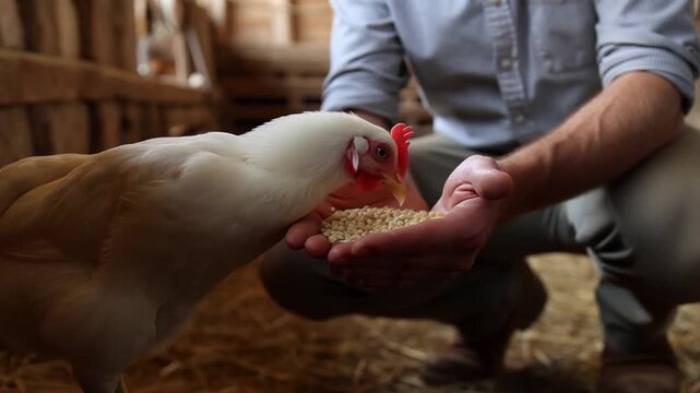 Farmer hand feeding a chicken with grain inside the barn Stock Video