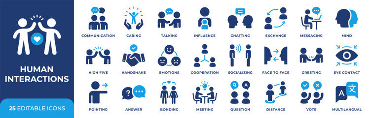 Human interactions icon set. Communication, talking, discussion, conversation and messaging icons collection. Group of persons cooperation symbols. Teamwork, handshake and connection concepts. © Chelpanoff