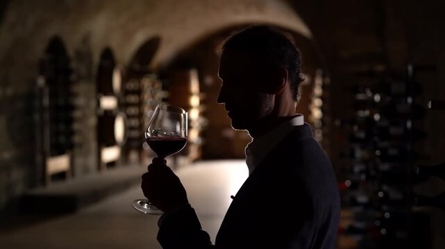 A sophisticated individual is seen examining the aroma of wine in a cellar, a moment of indulgence. The image captures a man's silhouette appreciating the details of wine Stock Video