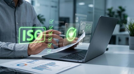 Male adult using laptop with iso compliance checkmarks in modern office