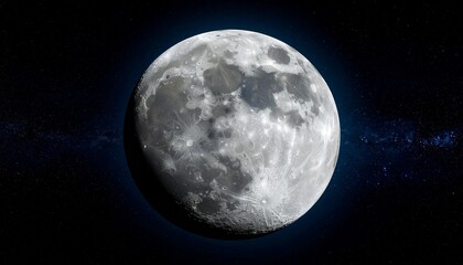 Fototapeta premium view generated from AI of the Moon’s surface from space, showing craters, ridges, and lunar plains under a star-filled black sky. Ideal for science, astronomy, and space exploration themes.