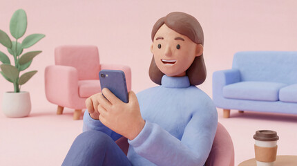 3D woman sitting in armchair having video call on smartphone with friends. Scene depicts modern communication and remote connection. Ideal for technology and social media concepts.