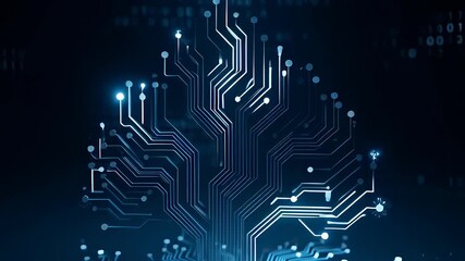 Futuristic digital Christmas tree formed by glowing blue circuit board lines and falling binary code numbers, representing technology holiday concepts. - Powered by Adobe