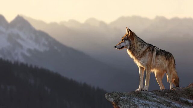 Majestic wolf standing on rocky ledge overlooking mountain landscape at sunset with warm light