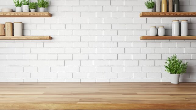 Wooden countertop with white brick wall background and shelves for food product display and kitchen interior mockup copy space for text and design