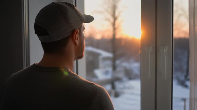 Man wearing a baseball cap looking out a window at a winter sunset