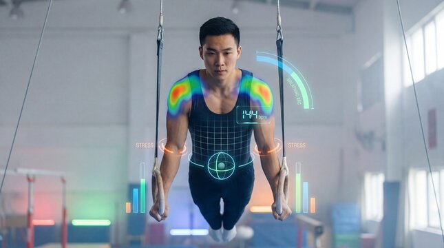 Asian male athlete performing on rings in gym with digital performance data overlay - Powered by Adobe