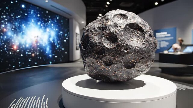 Detailed view of a meteorite displayed in a modern museum exhibit. Showcasing the beauty and significance of space exploration and cosmic history
