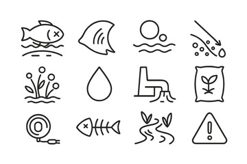 Fototapeta premium Aquatic Health Icons. Line style icons of Aquatic Health: Dead Zone, Fish Gill, Oxygen Depletion, Nutrient Runoff; Algae Bloom,