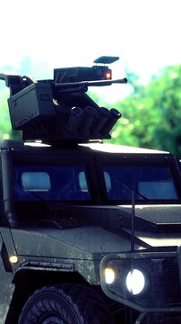 A formidable military vehicle with an advanced turret is positioned in an urban setting, showcasing its robust design and surveillance capabilities.