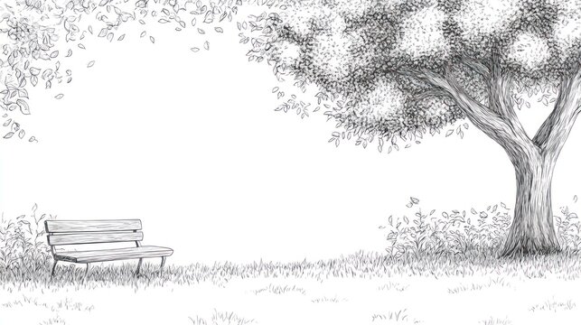 Black and white sketch of a park scene with a bench and tree