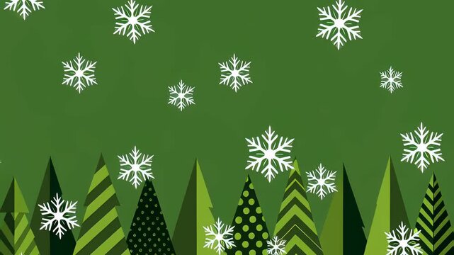 Stylized Christmas trees with modern patterns standing against a green background while white snowflakes fall in a festive animation, creating a cheerful holiday backdrop.
