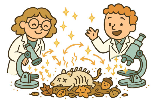 Cheerful Decay Lab. Adorable doodle experimental decay lab with cheerful researchers, cartoon carcasses and leaf litter with faces