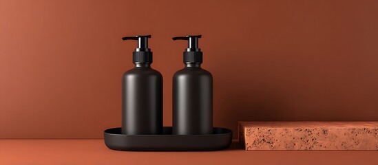 Black luxury soap dispensers on modern bathroom tray