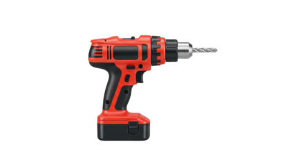 Red cordless power drill with black handle and silver bit for home improvement isolated