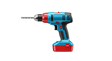 Blue and red cordless power drill with black handle and silver drill bit isolated