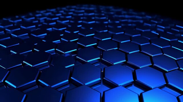 Abstract metallic blue hexagons rising and falling in a rhythmic wave pattern, creating a futuristic 3D technology background.