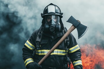 Naklejka premium Brave firefighter in full protective gear holding axe with smoke and flames in background for safety and emergency services concepts