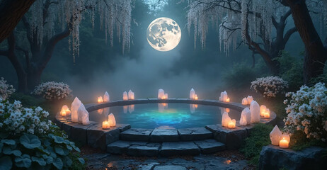 Spiritual Cleansing Ritual at a Sacred Fountain under the Full Moon - AI generated