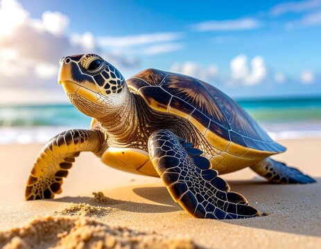 A sea turtle basking on a sandy beach, sunny day