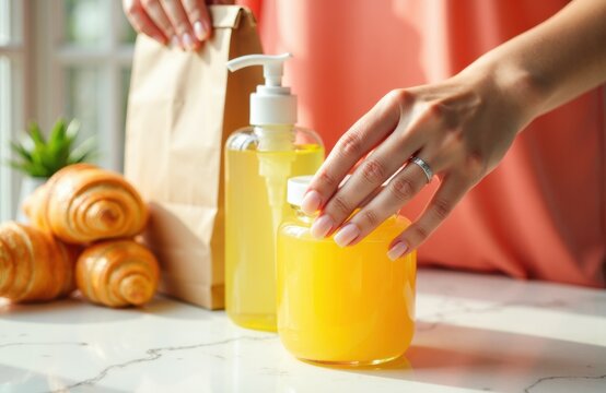 Woman pouring fresh orange juice from a pump bottle on the kitchen counter - Powered by Adobe