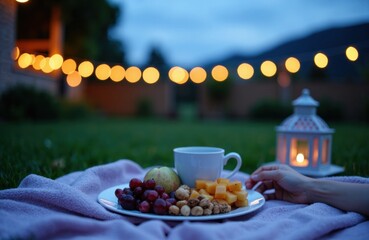 Woman enjoying a twilight picnic with fruit platter and lantern glow at dusk