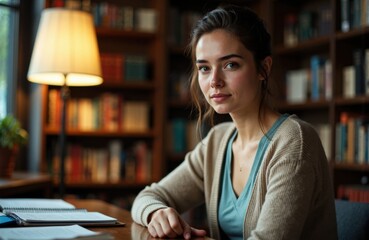 Woman studying in a cozy library with warm lamp light and bookshelves nearby