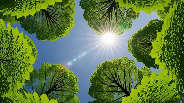 Looking up at a green forest canopy forming a circle around a bright sun in a seamless 3D animation, illustrating nature and ecology concepts.
