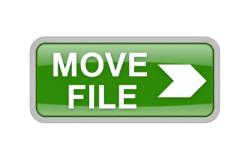 3d icon green button that says MOVE FILE with a white arrow, indicating direction, perfect for tech or design visuals . Isolated on transparent background, png