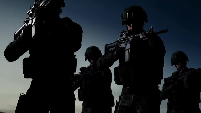 Military special forces team members in tactical gear standing with rifles, creating a dramatic silhouette against a dark blue sky during a training exercise