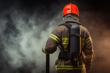 Fototapeta premium Firefighter in full gear with oxygen tank and red helmet standing in smoke filled environment from behind for safety and emergency concepts