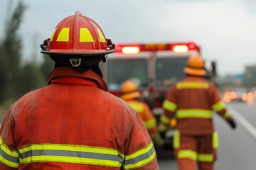 Firefighters wearing protective gear and helmets near firetruck on highway emergency response team in action public safety and rescue operation