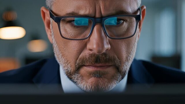 Serious mature businessman adjusting glasses with blue digital screen reflections, analyzing data in a cinematic close up for cybersecurity concepts.