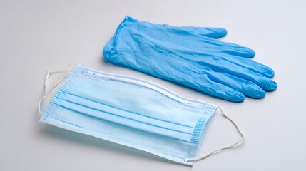 Medical face mask and blue protective gloves on white surface
