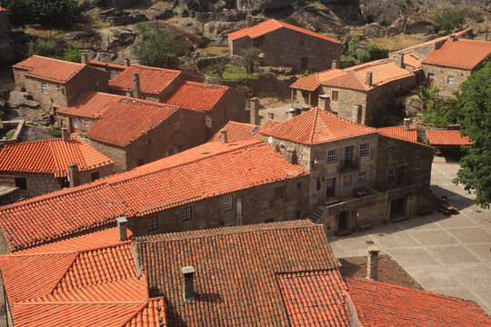 Portugal, Guarda district, Beira Alta. Rooftops of Sortelha historical mountain village built within Medieval fortified walls. Included in a designated circuit known as the Historic villages route.