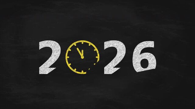 2026 Chalk Write-on Animation on Blackboard With Yellow Clock Symbol