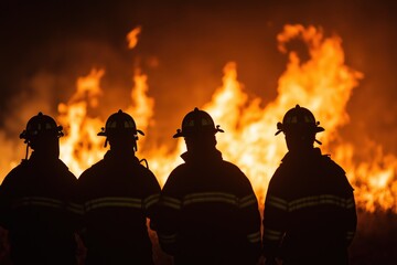 Fototapeta premium Silhouette of four firefighters with helmets standing in front of large flames and smoke during emergency response at night firefighting concept