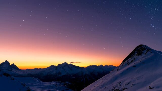 Snow-covered mountains silhouetted against a starlit, colorful sunset sky