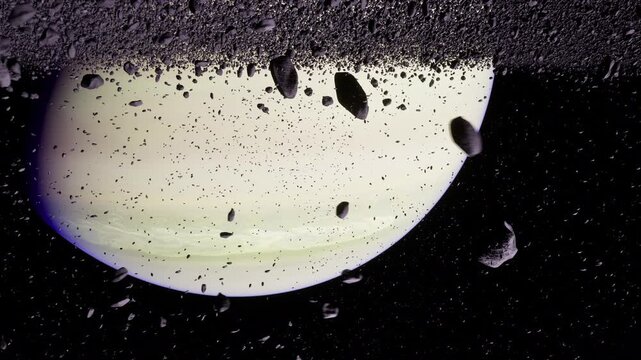 Floating asteroids drift through the darkness of space near a massive planet with remarkable rings visible. The scene captures a cosmic ballet of celestial bodies and celestial phenomena.