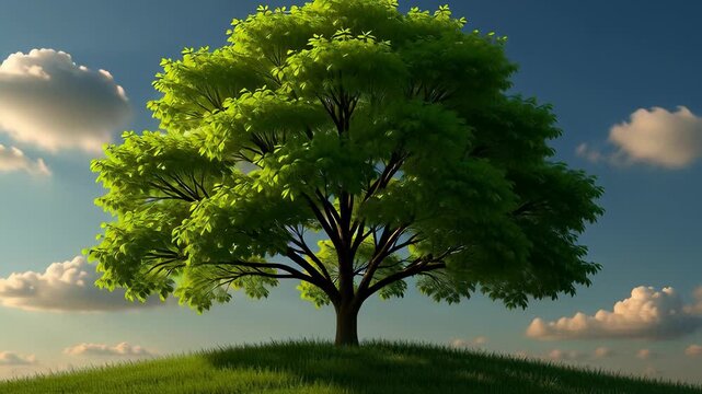 Rapidly growing green tree sprouting from a seedling on a grassy hill under a blue sky in a cinematic 3D animation, illustrating nature and development concepts.