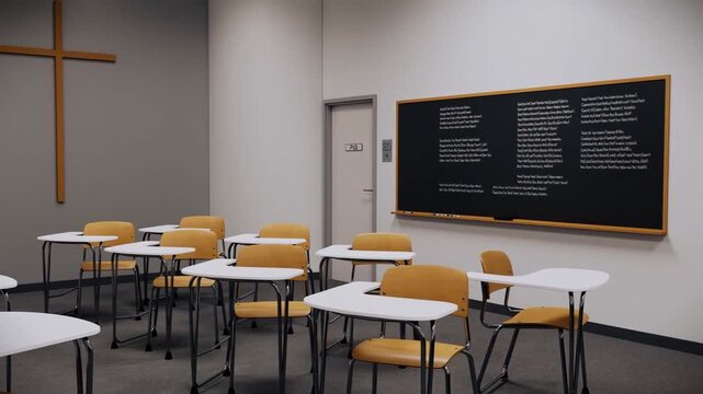 A classroom with rows of desks and a cross on the wall, symbolising education and learning Stock Video