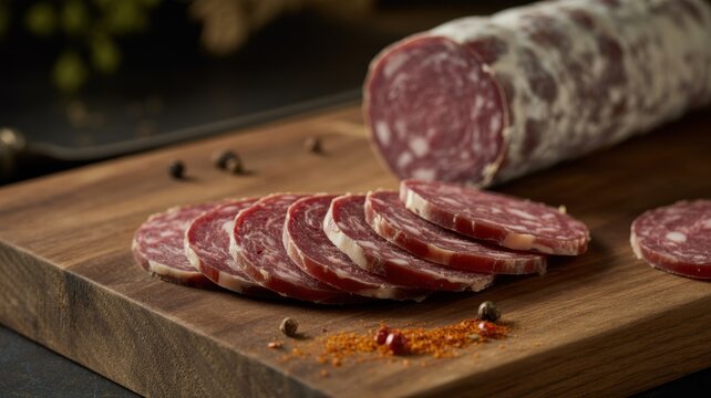 Thinly sliced cured beef sausage, elegantly laid out on a worn dark walnut cutting board. In the background, a whole sausage with a delicate white coating of mold lies on the board.
