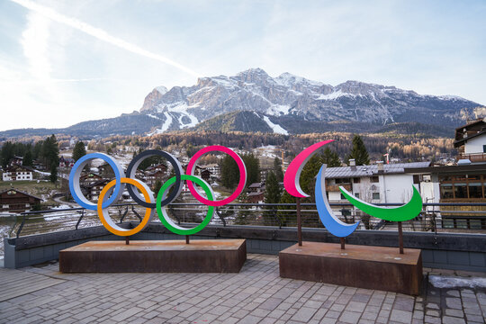 CORTINA D'AMPEZZO, ITALY - December 12, 2025:  The logo with the Olympic rings in Cortina 2026 is for the 25th Olympic Winter Games.