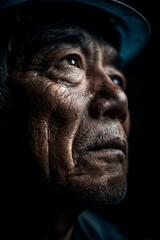 Portrait of a Thoughtful Elderly Man in Hard Hat