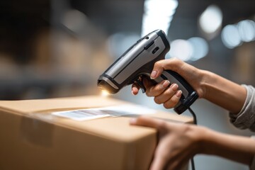 Hands Holding Barcode Scanner in Warehouse Setting