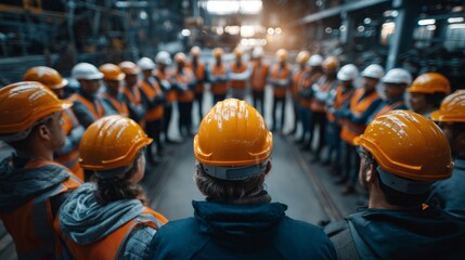 Team Meeting of Construction Workers in Factory Setting