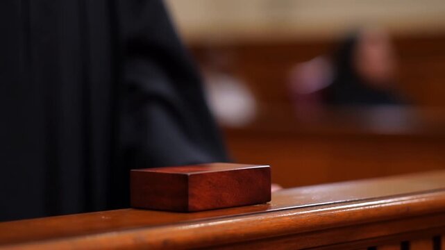Wooden gavel on the judge's desk in a courtroom setting Stock Video