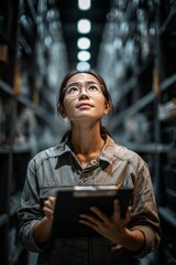 Woman in Warehouse Looking Up with Clipboard